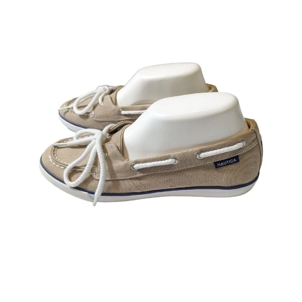 Nautica Womens Size 9 Boat Shoes Tan Canvas White Laced Deck Marine Flats Casual - Picture 5 of 11